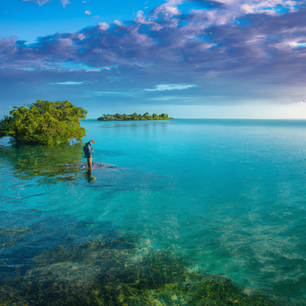 An image showcasing a serene sunrise over crystal-clear turquoise waters, with a fisherman casting his line towards a mangrove-lined shoreline, representing the perfect location and timing for successful tarpon fishing