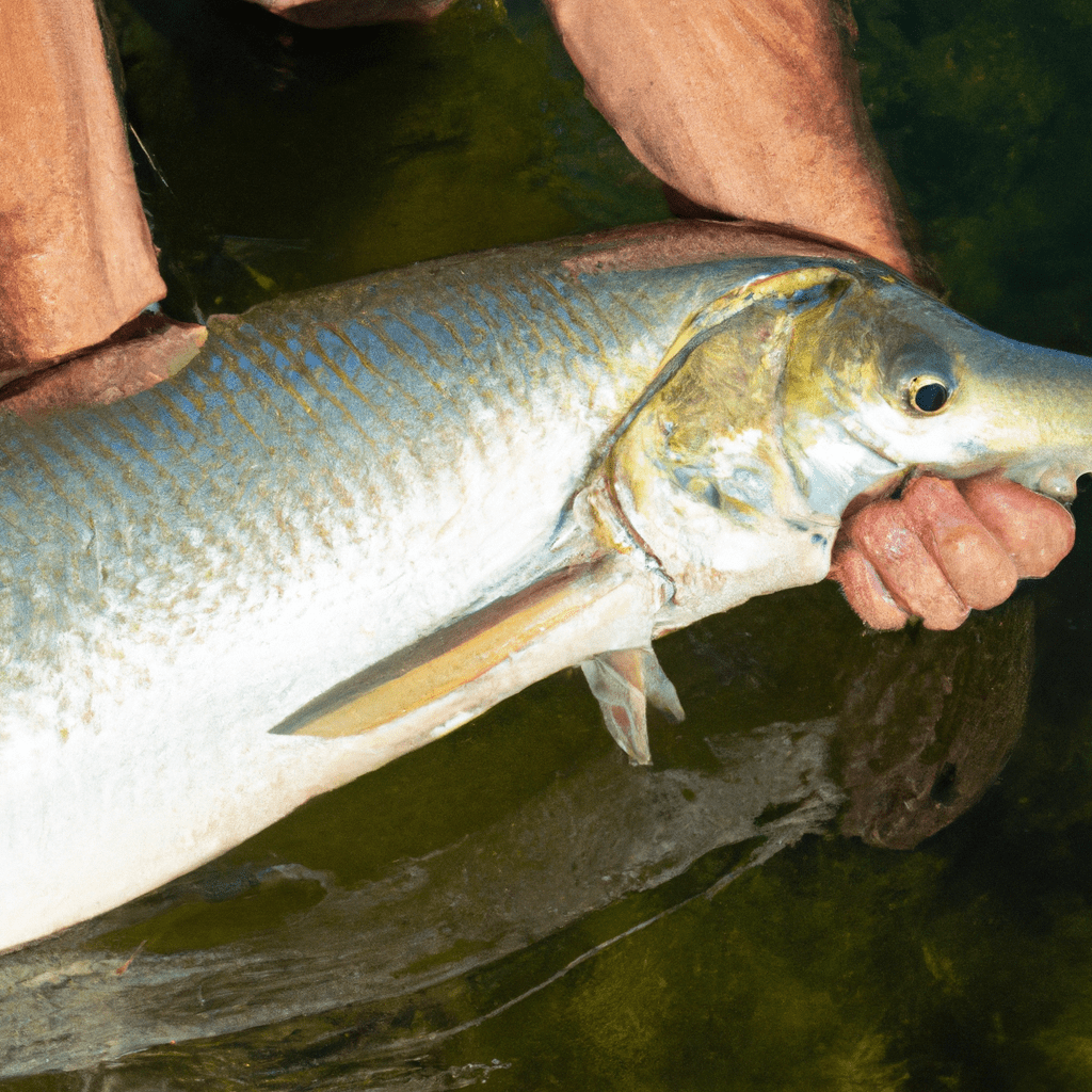 An image capturing the moment a fisherman gently supports a majestic tarpon in the water, showcasing the proper handling technique