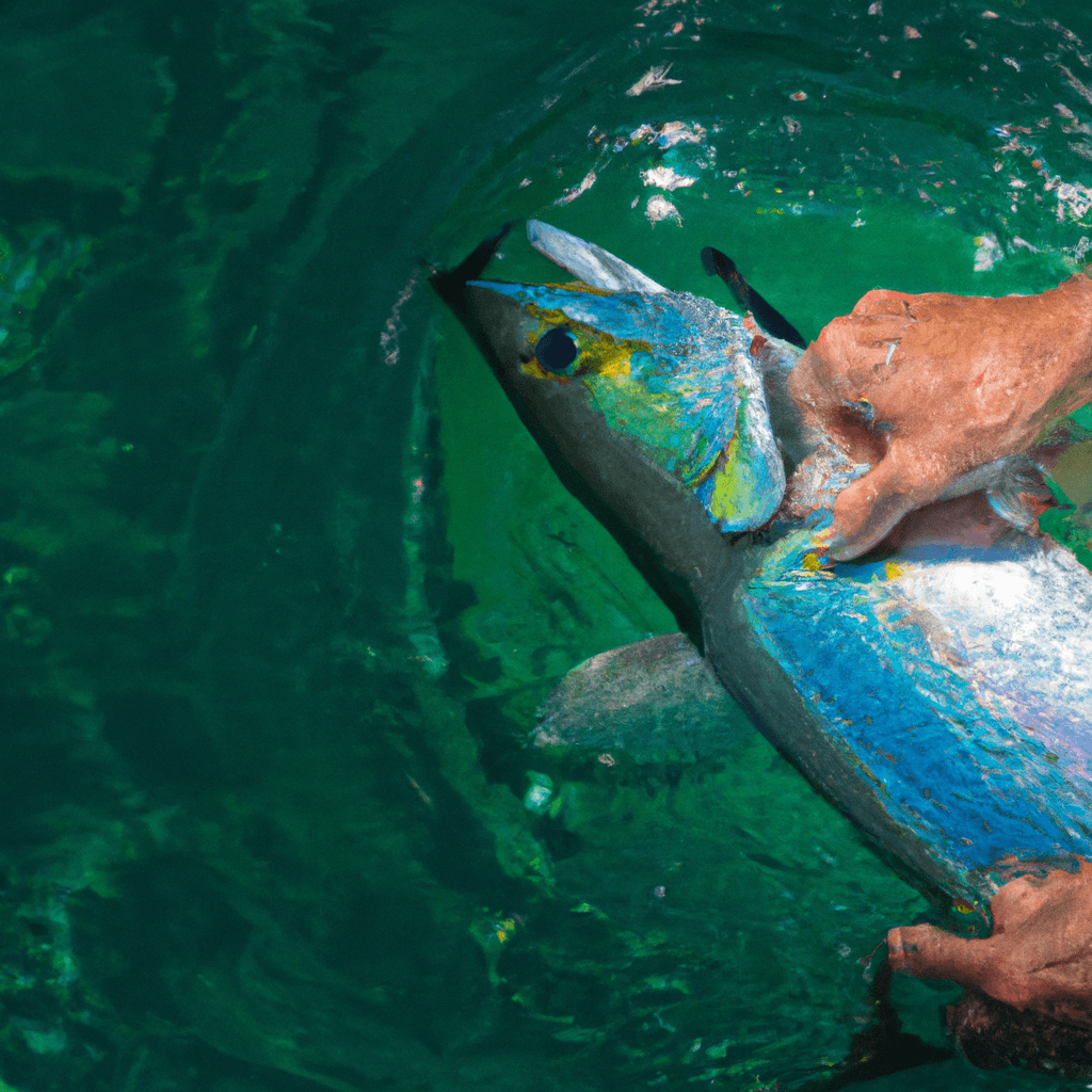 An image showcasing an angler gently cradling a majestic tarpon, carefully removing the hook with precision, and releasing it into crystal-clear turquoise waters, ensuring a safe and ethical approach to catch and release