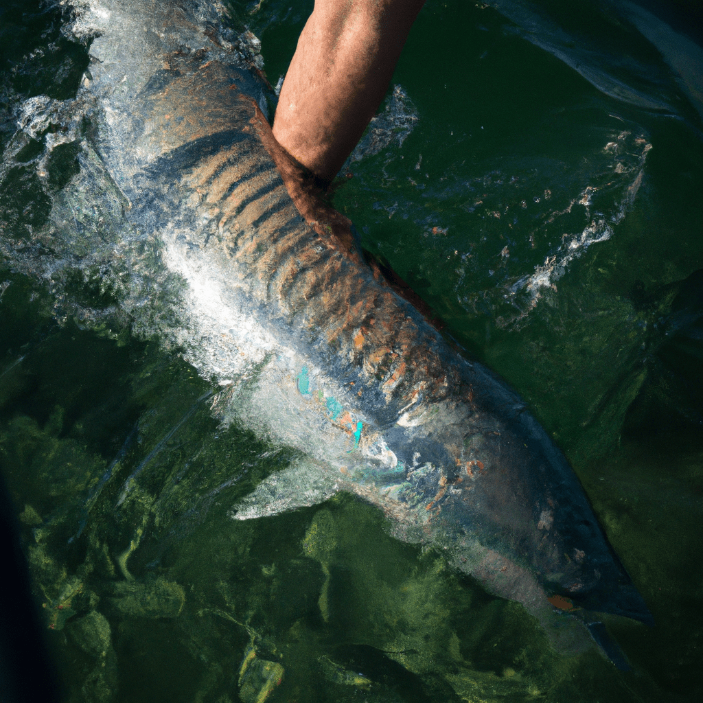 An image capturing the essence of ethical tarpon catch and release: a skilled angler gently cradling a majestic silver king in waist-deep water, maintaining a secure grip while ensuring minimal stress to the fish