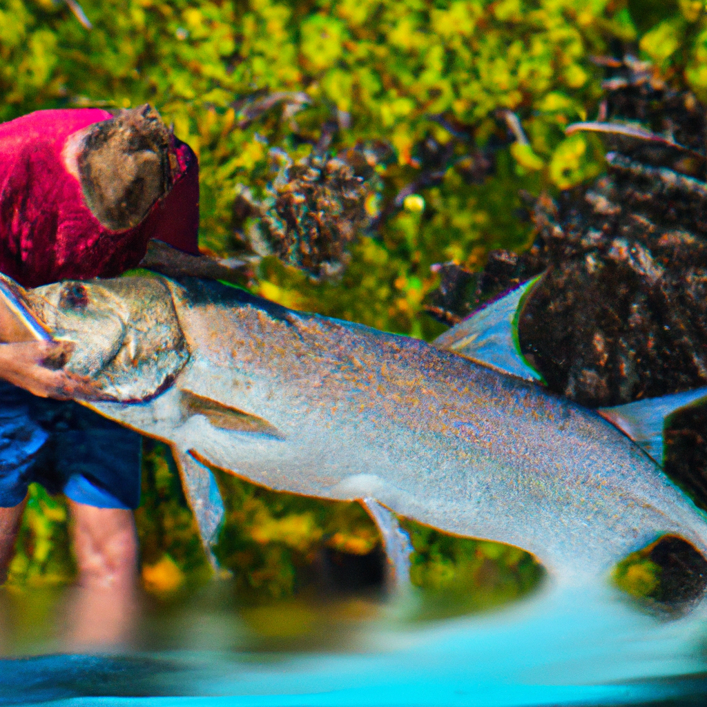 An image showcasing a passionate angler gently releasing a magnificent tarpon back into its natural habitat, highlighting the vital role anglers play in conservation efforts