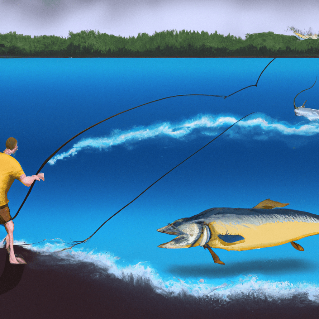 An image of a skilled angler, standing knee-deep in crystal-clear water, casting a perfectly timed line towards a swirling eddy formed by a powerful tidal current, while a massive tarpon lurks beneath the surface, ready to strike