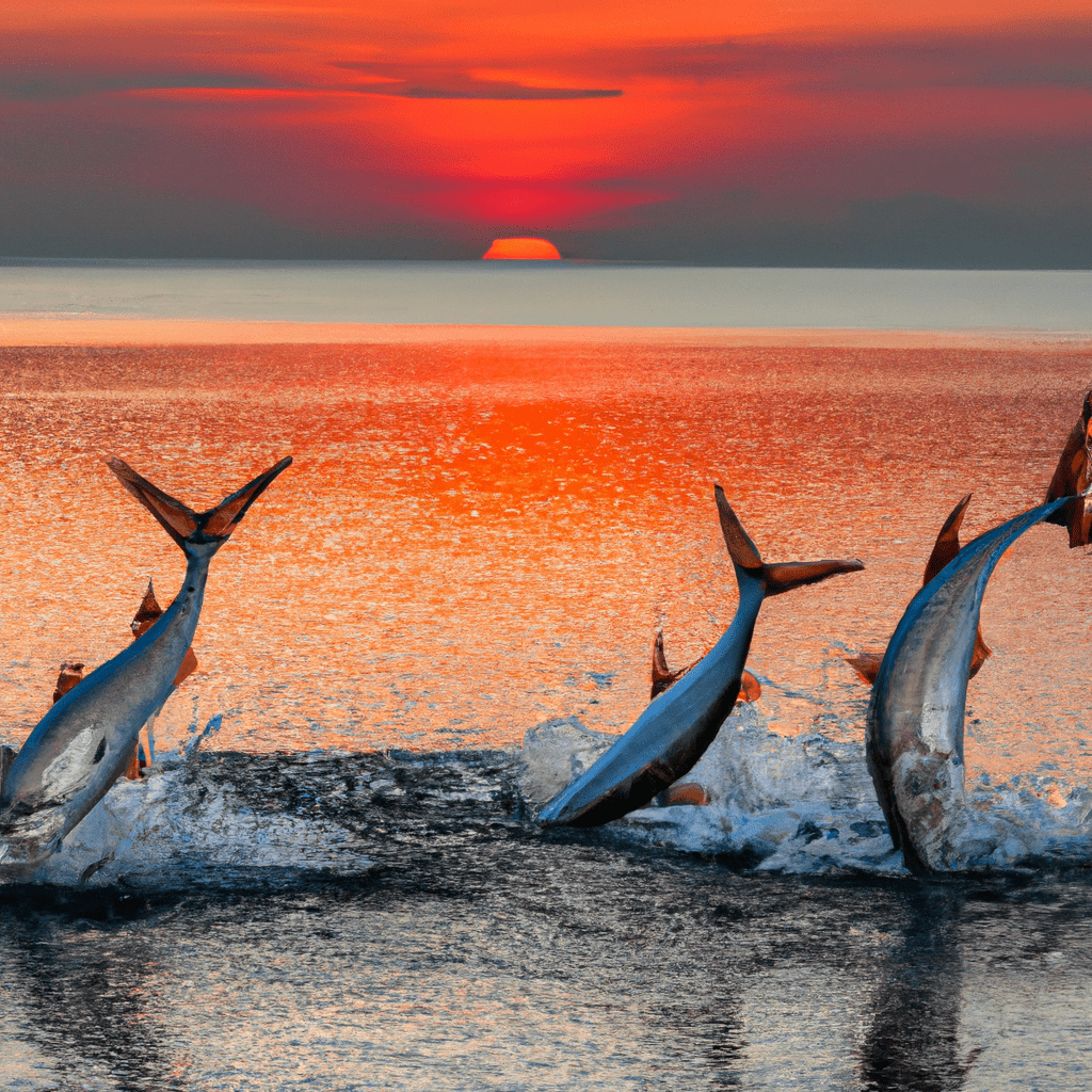 An image depicting a serene coastal scene at sunrise, with a school of tarpon elegantly leaping out of the water in synchronized harmony, showcasing how rising tides influence their behavior during the early morning feeding frenzy