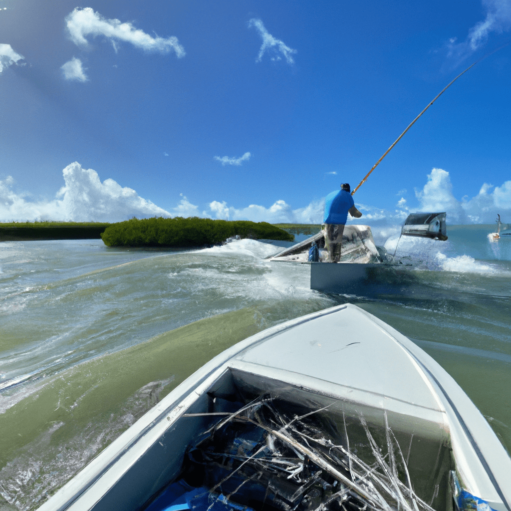 An image capturing the moment when a determined angler struggles to steer their boat through shallow, treacherous waters, as the receding tide exposes hidden obstacles, challenging their pursuit of elusive tarpon