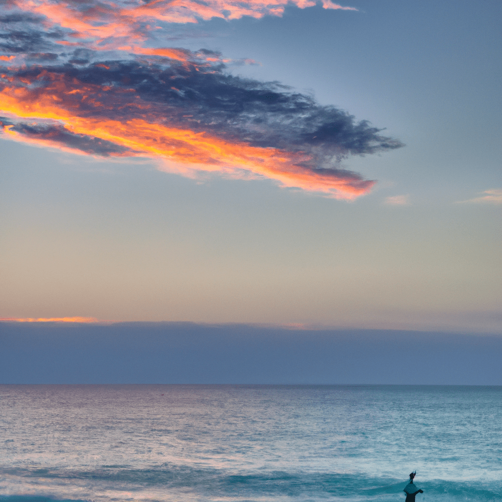 An image showcasing a serene ocean scene at sunrise, with an angler casting their line into calm waters, as the incoming tide forms gentle ripples
