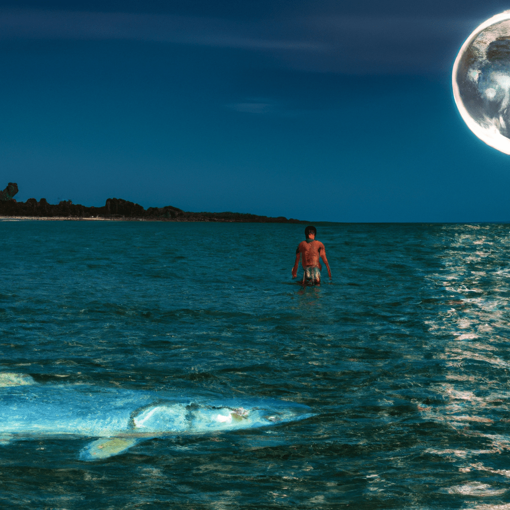 An image that captures the essence of tarpon fishing, showcasing a solitary angler wading waist-deep in crystal-clear water, battling against a majestic silver king under the mesmerizing glow of a full moon, with the tide gently ebbing away
