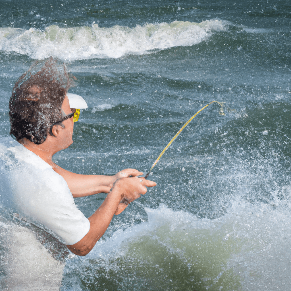 An image showcasing a skilled angler casting a tarpon fishing line against a backdrop of choppy waves, capturing the techniques used to navigate and succeed in varying current conditions