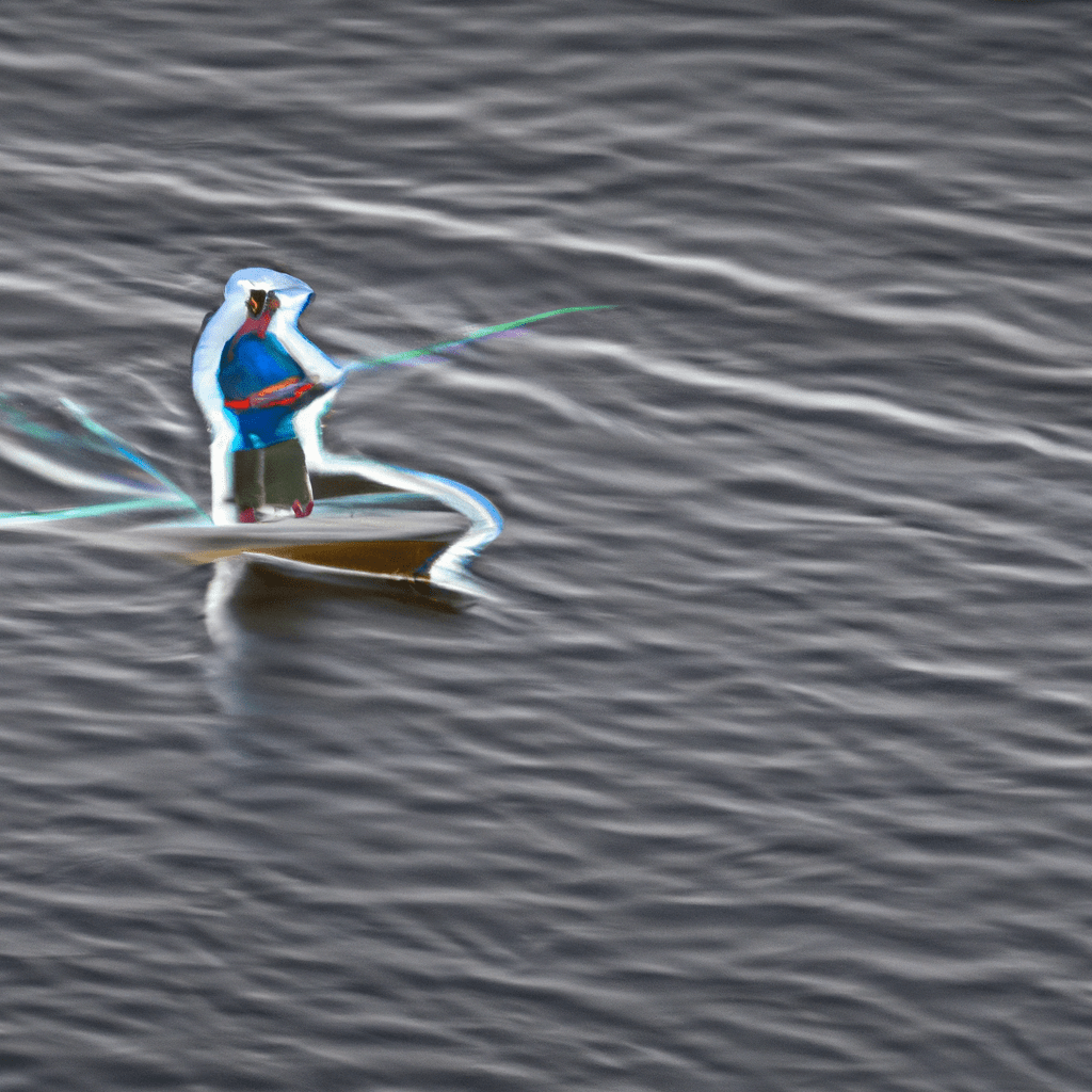 An image showcasing a skilled angler in a boat, casting towards a strong tidal current