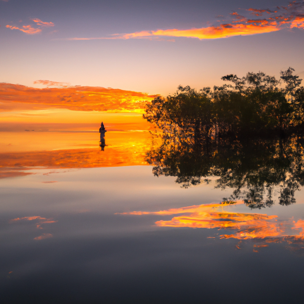 An image capturing a vibrant sunrise over calm, glassy waters, with a lone angler casting their line towards a distant mangrove forest, highlighting the crucial connection between optimal weather conditions and a fruitful tarpon fishing excursion
