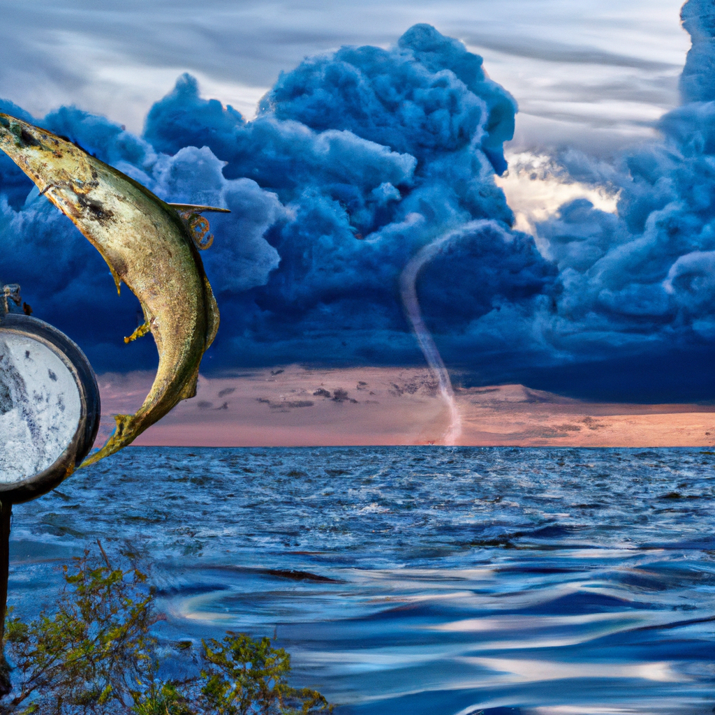 An image showcasing a serene seascape with dark, ominous clouds looming overhead, a barometer prominently displayed, and a tarpon leaping gracefully out of the water, highlighting the connection between barometric pressure and tarpon activity