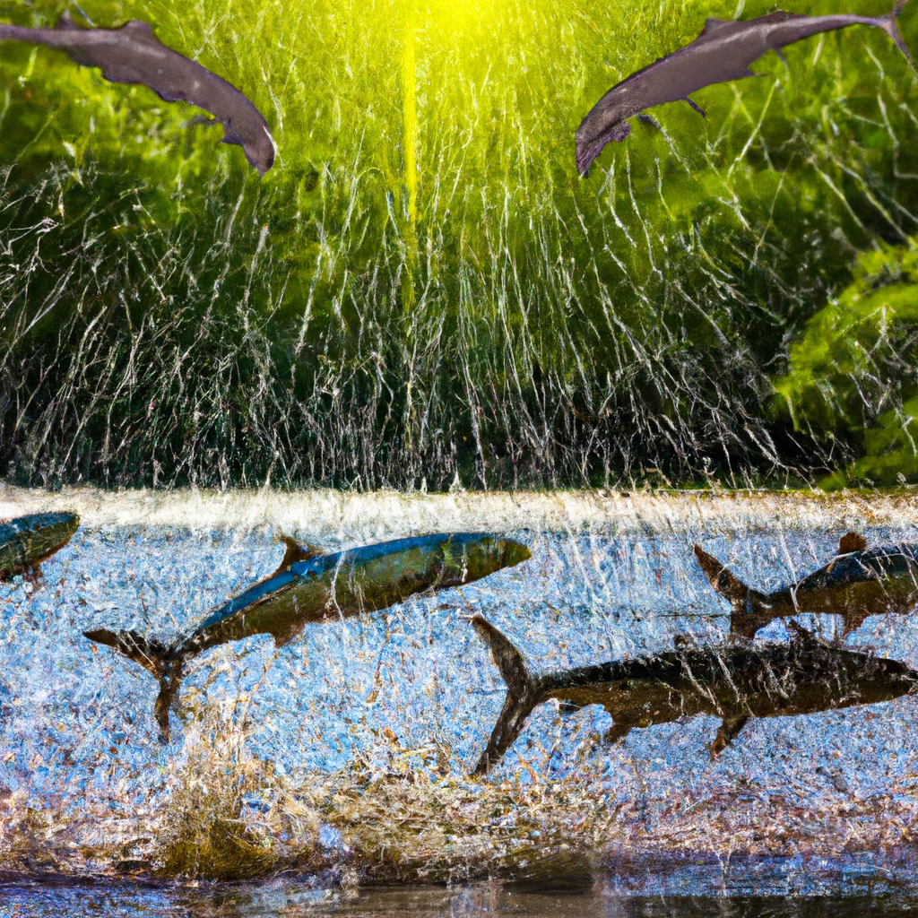 An image showcasing a vibrant, sunlit coastline with a downpour of rain pouring over a crystal-clear river, revealing the silhouettes of leaping tarpons amidst the pristine water, exemplifying the crucial connection between rainfall and water clarity in tarpon fishing success
