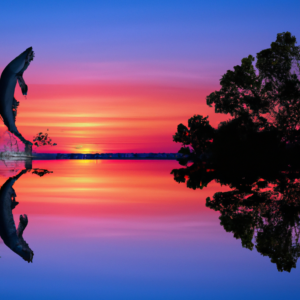 An image depicting a tranquil sunrise over a glassy, brackish estuary, with a tarpon leaping gracefully out of the water, showcasing the intricate silhouettes of surrounding mangroves and capturing the intersecting relationship between weather conditions and tarpon behavior