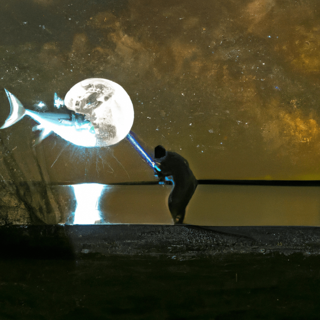 An image capturing the exhilarating moment as a skilled angler battles a majestic silver tarpon under a star-lit sky, with the glowing moon casting a mystical glow on the shimmering water