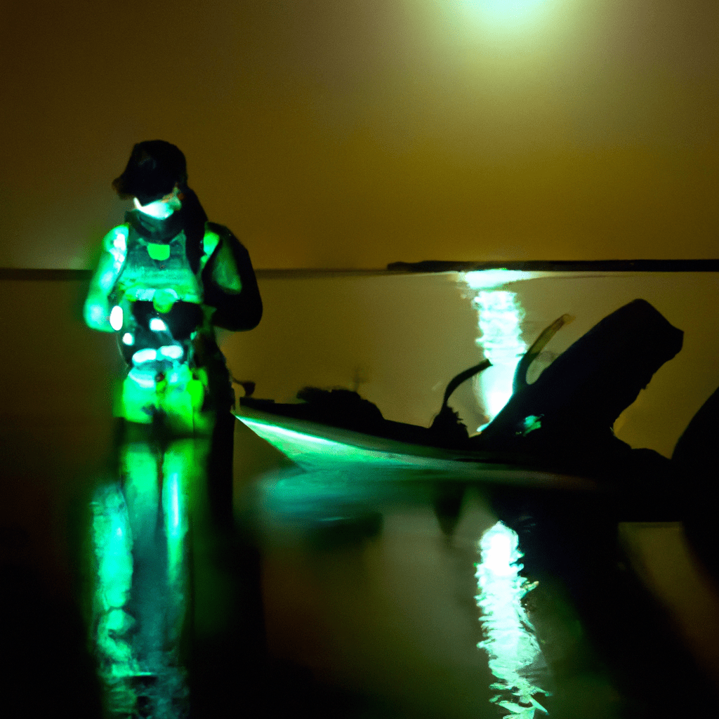 An image capturing the essence of nighttime tarpon fishing: a silhouetted angler meticulously checking their fishing gear under the moonlit sky, surrounded by reflective markers, wearing a life jacket, and equipped with a headlamp for safety
