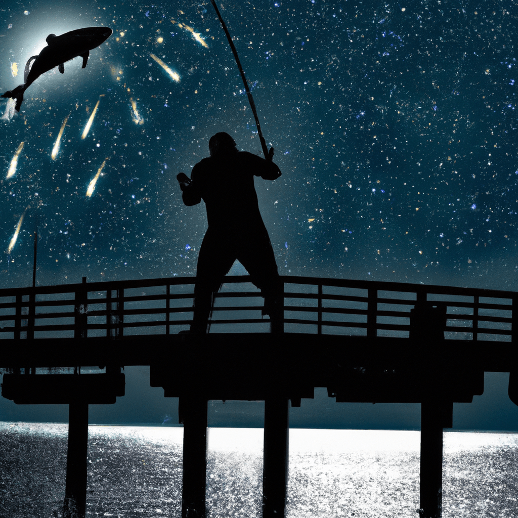 An image capturing the electrifying essence of nighttime tarpon fishing: a lone angler standing on a moonlit pier, casting his line into the shimmering depths, as silhouettes of powerful leaping tarpons dance beneath the star-studded sky