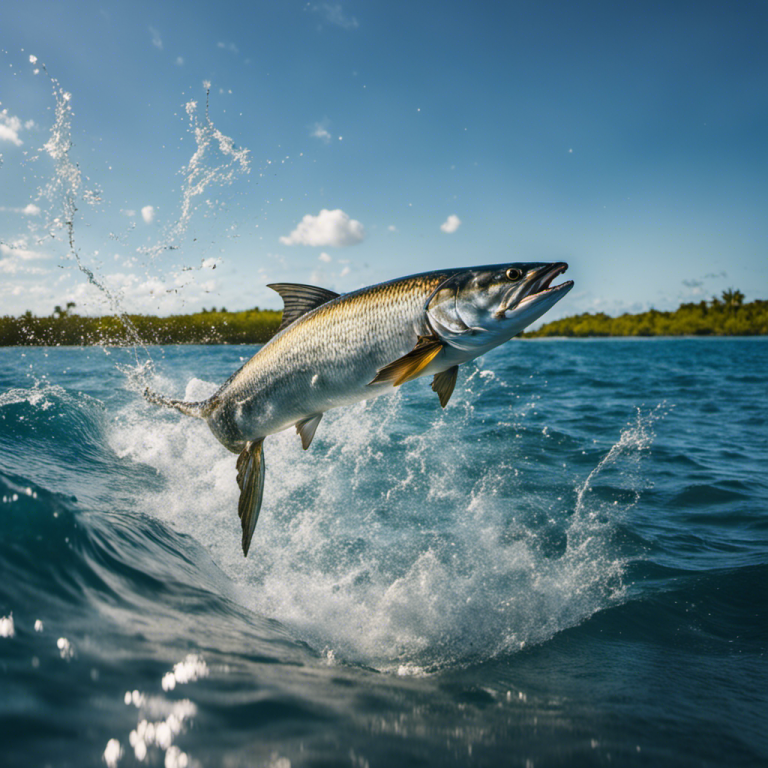 An image capturing the electrifying moment as a colossal tarpon leaps from the cobalt ocean depths, its silvery scales shimmering under the radiant sun, while a mesmerized angler battles to tame this breathtaking aquatic marvel