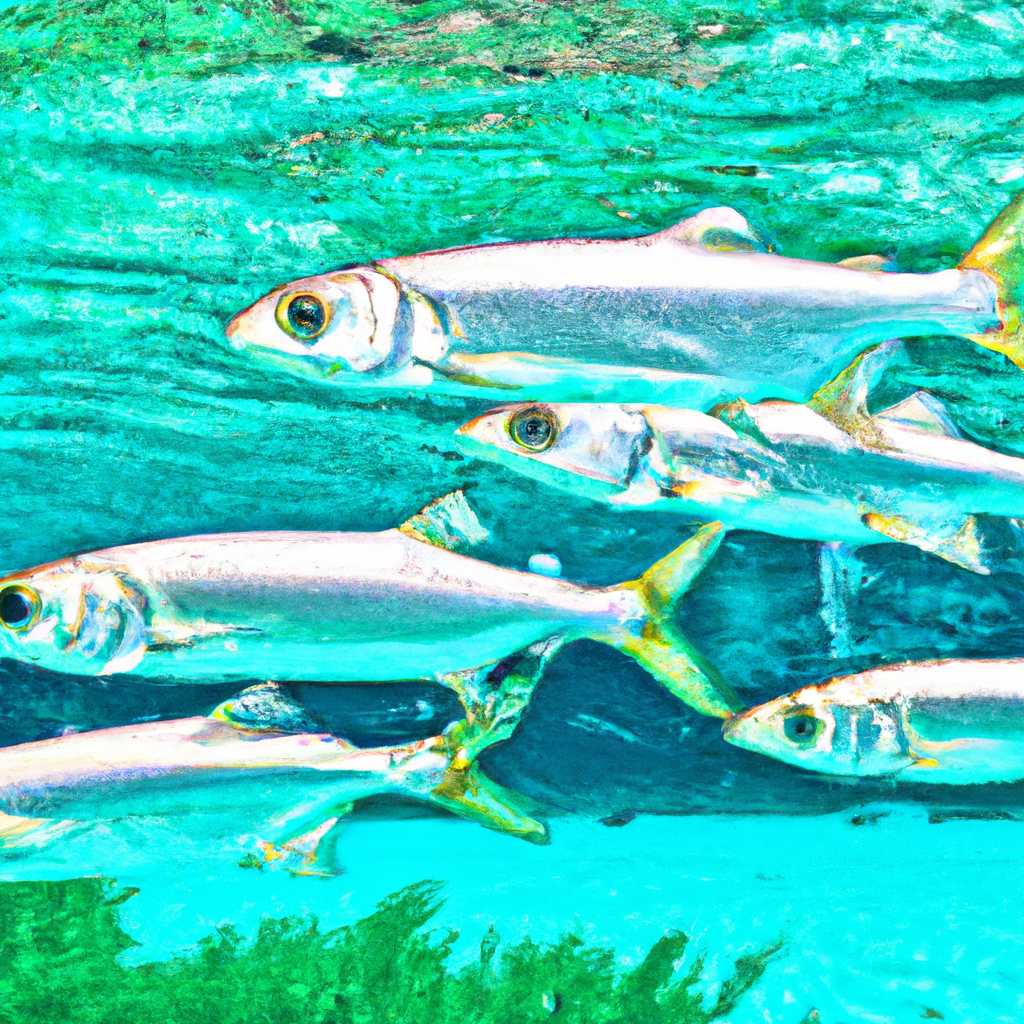 An image featuring a group of silver tarpon gracefully swimming in crystal-clear turquoise waters, showcasing their migratory behavior