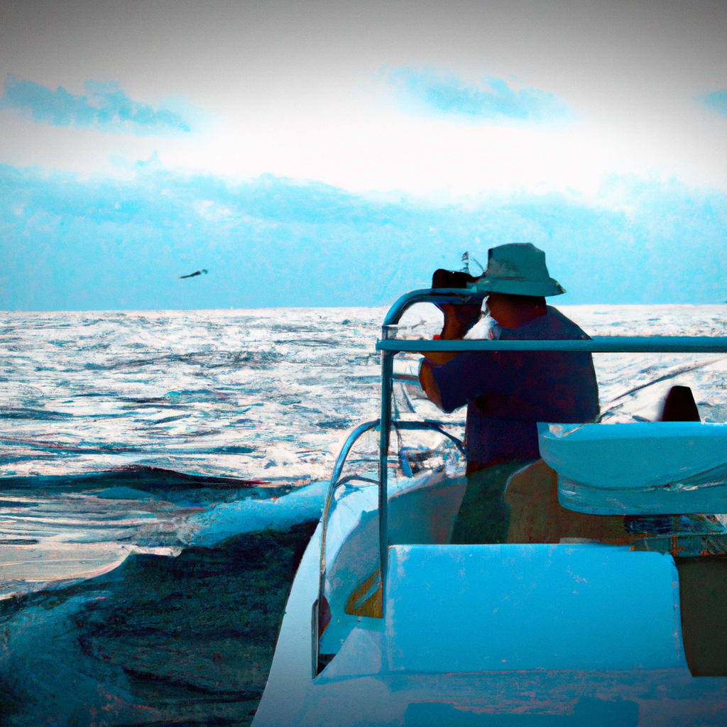 An image showcasing a serene, early morning seascape with a fisherman on a boat, equipped with a high-tech fish finder, attentively scanning the vast ocean for tarpon schools on their migratory route
