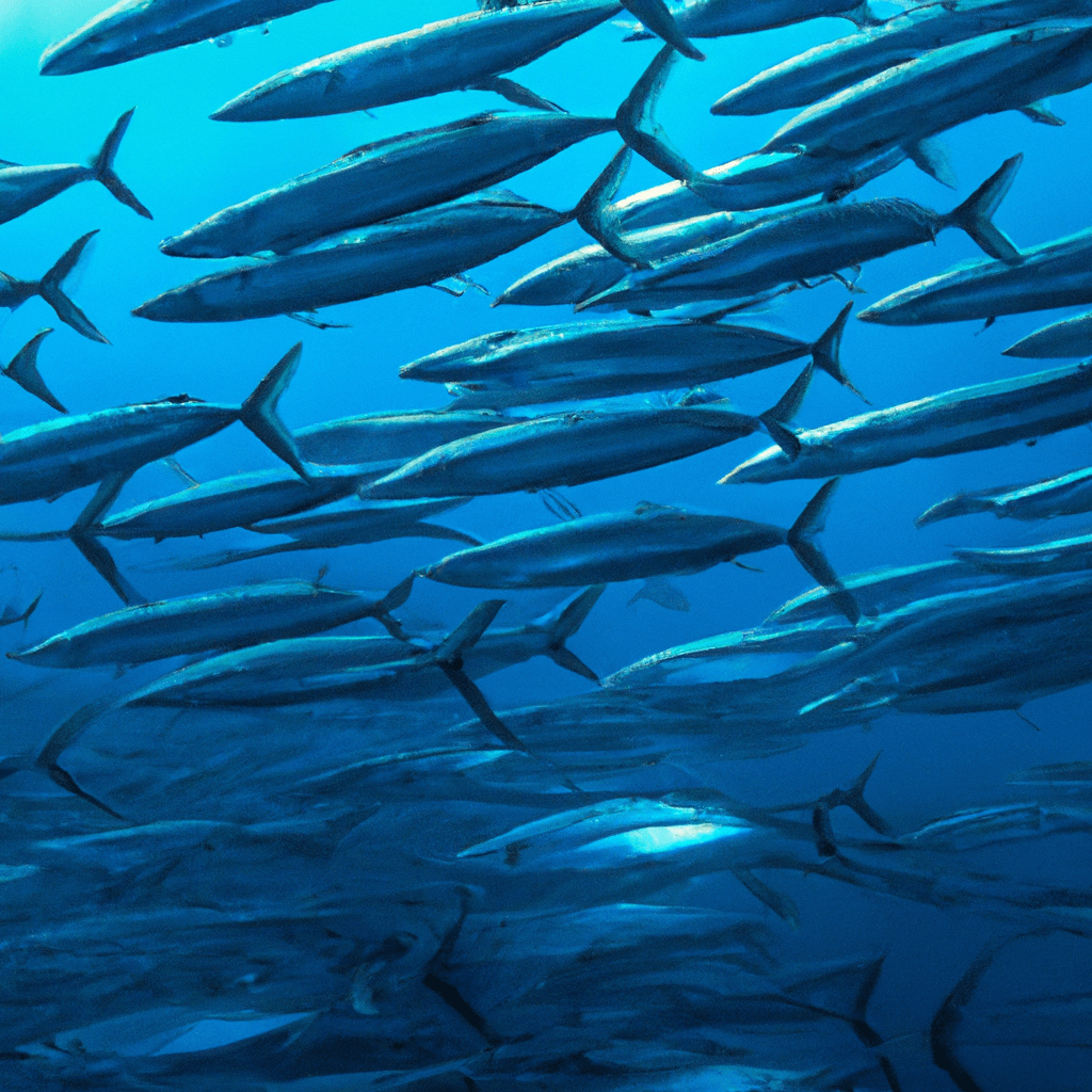 An image that showcases a vast ocean expanse, with a school of massive tarpons gracefully swimming in a synchronized formation, their silver bodies glistening in the sunlight, as they migrate across the deep blue