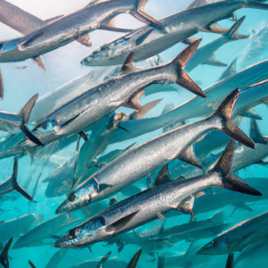 An image capturing the breathtaking sight of a massive school of majestic silver tarpons gracefully gliding through crystal clear turquoise waters, showcasing the awe-inspiring spectacle of the annual tarpon migration