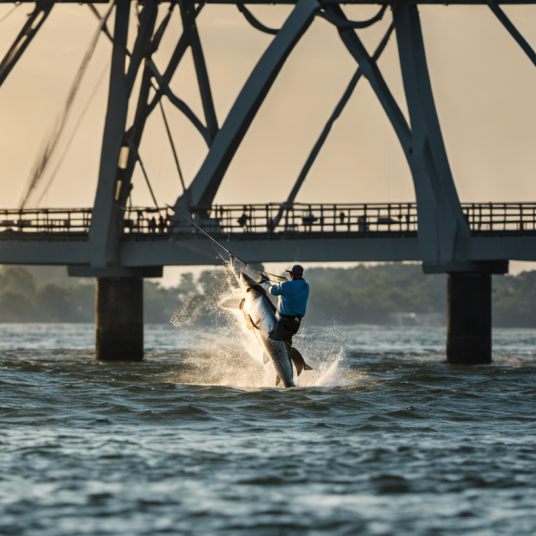 An image capturing the exhilarating moment of a skilled angler battling a massive Tarpon in the pristine waters of Charleston Harbor, with the iconic Ravenel Bridge majestically overlooking the intense struggle
