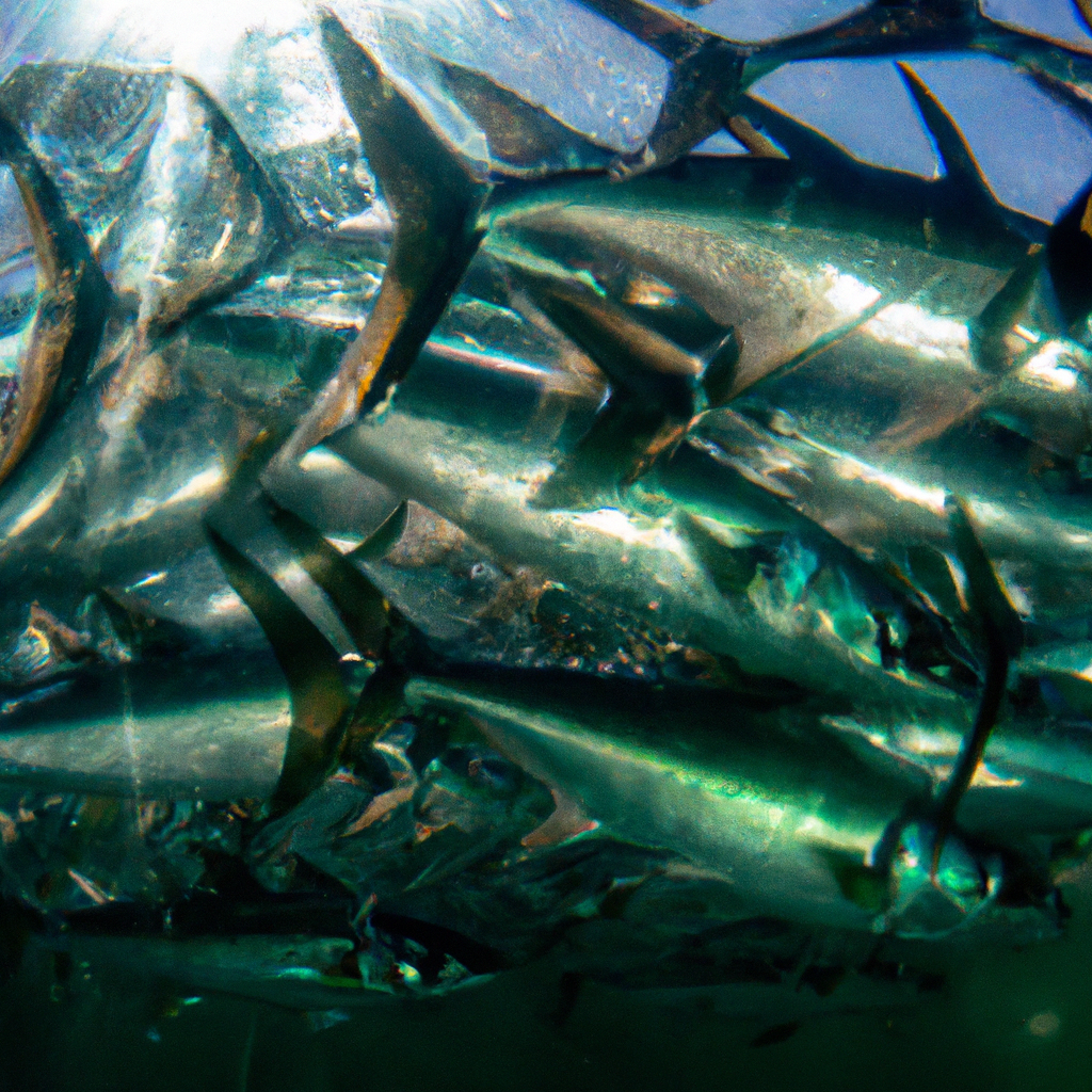 An image capturing the enigmatic dance of tarpons under the vibrant turquoise waters: a school of silver giants gracefully gliding amidst submerged mangroves, their scales shimmering under the golden rays of the sun