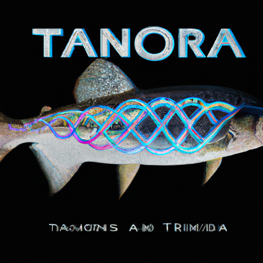 An image showcasing the intricate genetic makeup of tarpon, with strands of DNA intertwining to form their vibrant scales