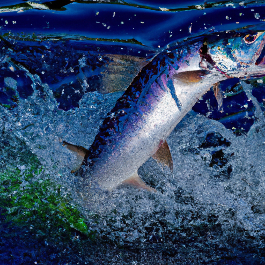 An image capturing the mesmerizing moment of a tarpon leaping out of the water, its silver scales glistening under the sunlight, as it engulfs a swarm of tiny silver fish in a spectacular display of its feeding prowess