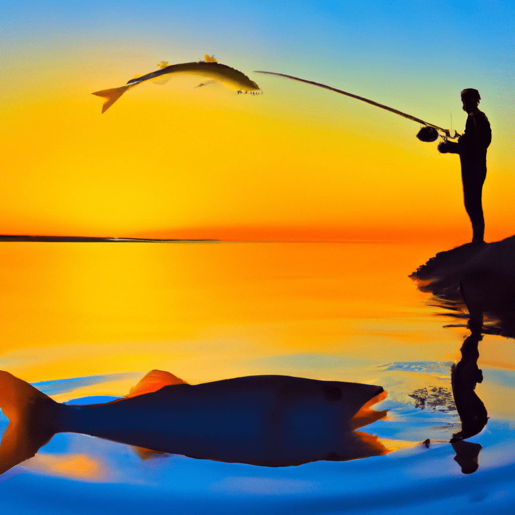 An image showcasing a vibrant, crystal-clear estuary with a fisherman delicately presenting a lively mullet on his hook, surrounded by schools of shimmering baitfish, enticingly reflecting the golden hues of the setting sun