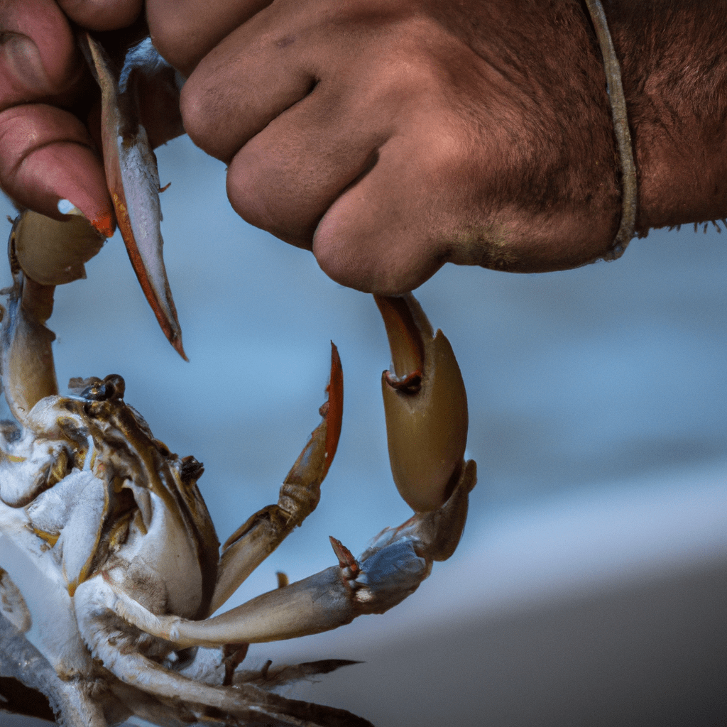 An image capturing the precise moment an angler deftly hooks a lively blue crab onto a sturdy fishing line, showcasing the artistry and finesse required to masterfully use these crustaceans as irresistible tarpon bait