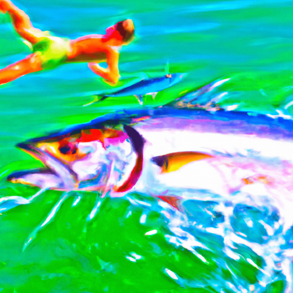 An image showcasing a skilled angler casting a live mullet into crystal-clear waters, with a tarpon leaping out of the water in pursuit