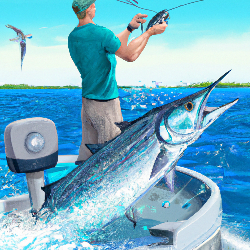 An image showcasing a skilled angler on a high-tech fishing boat, using a state-of-the-art fish finder to locate massive tarpons