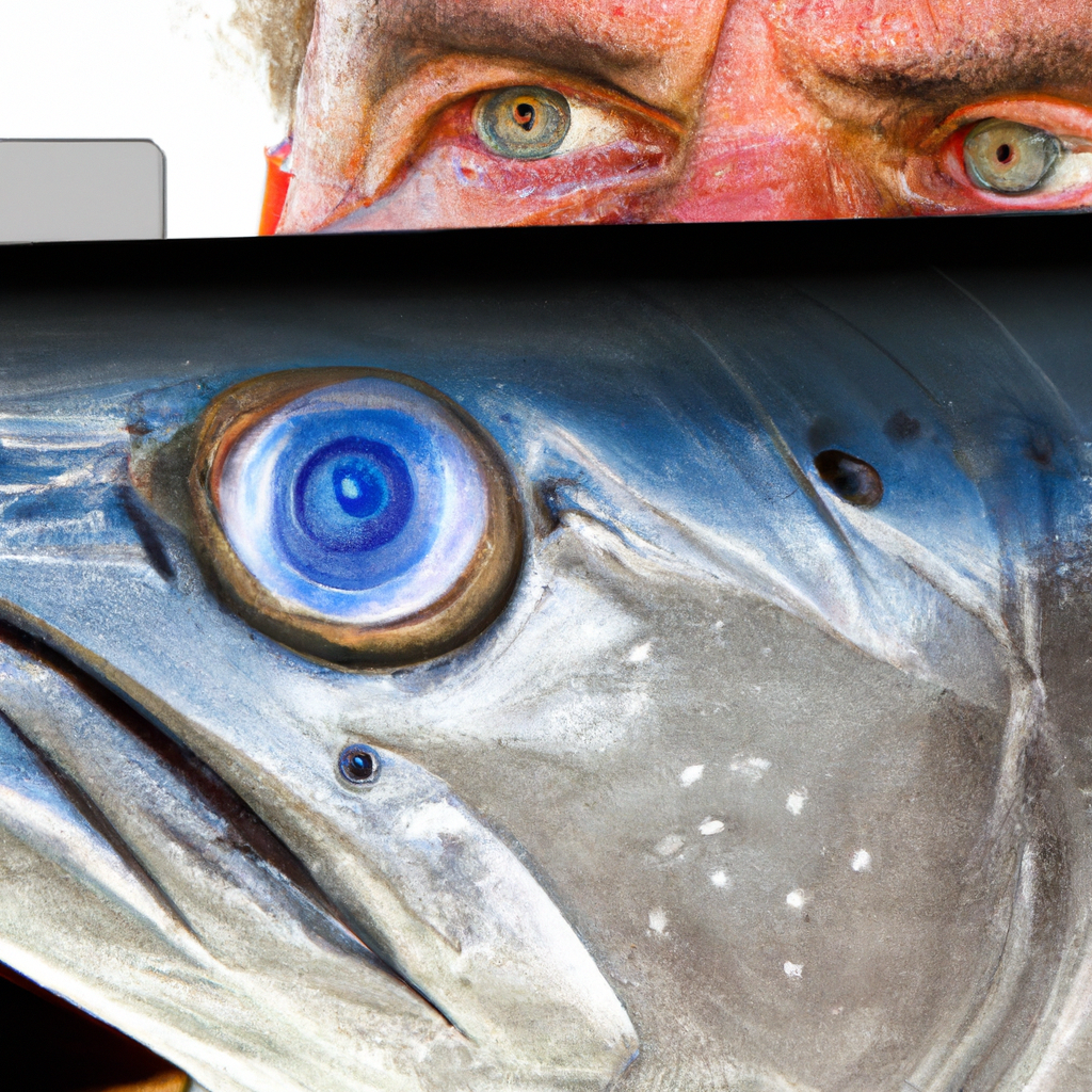An image depicting a close-up shot of a tarpon fisherman's face, with his eyes wide open in awe, as he observes the clear and detailed sonar screen displaying the precise location of a massive tarpon beneath his boat