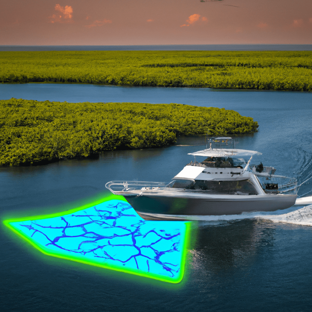 An image showcasing a sleek, high-tech fishing boat gliding through crystal-clear waters, its GPS mapping tool displayed on a state-of-the-art touchscreen, seamlessly guiding the angler through a labyrinth of mangroves towards prime tarpon fishing spots