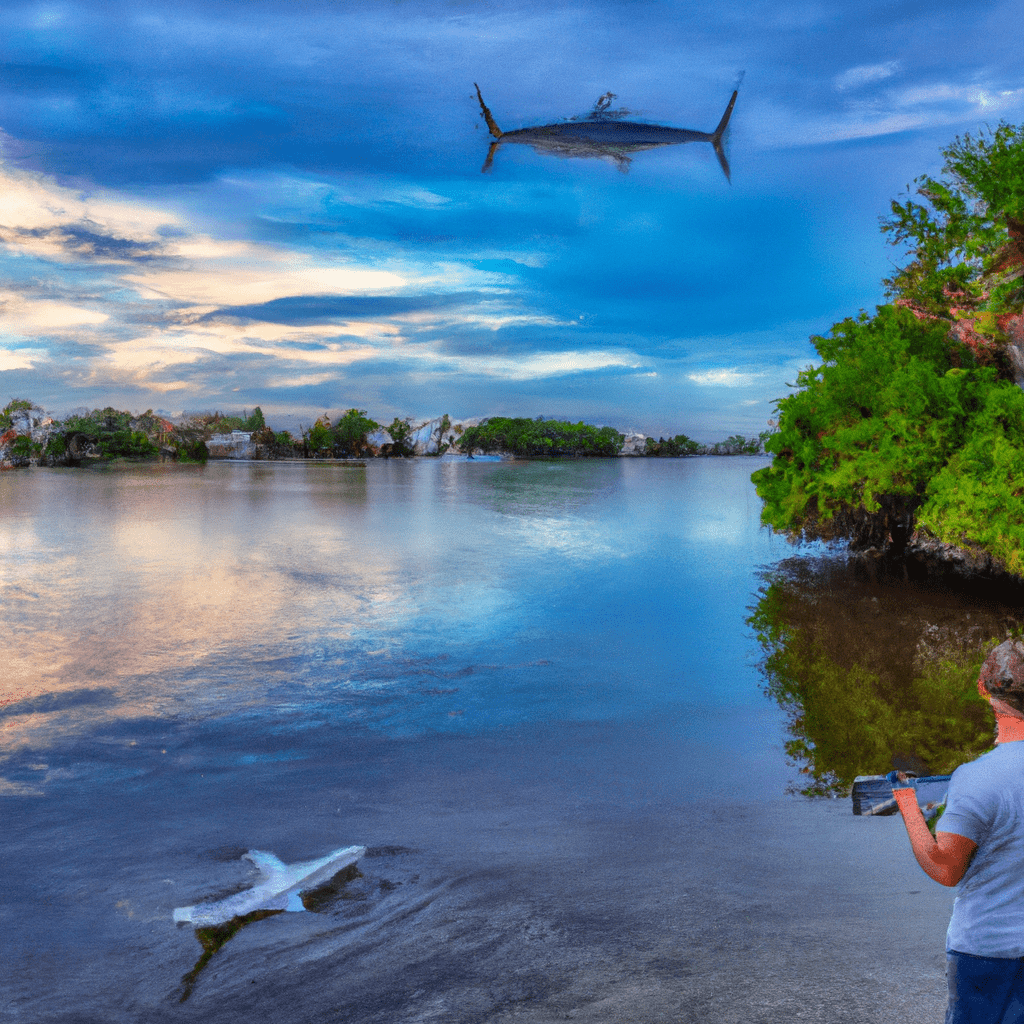 An image depicting a serene coastal scene at dusk, with a fisherman operating a drone above the water